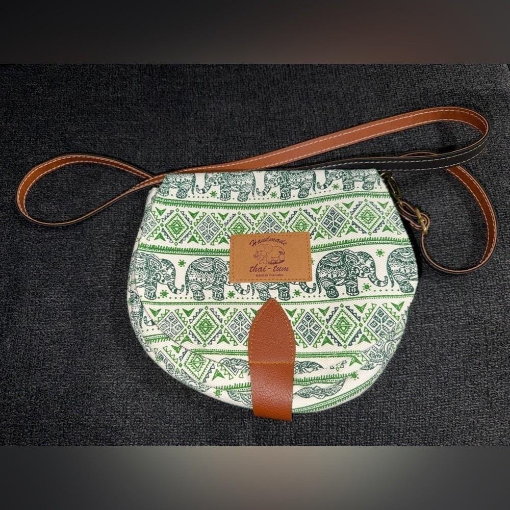 Women's Handmade Thai-tum Green Elephant Print Crossbodyā Bag satchel